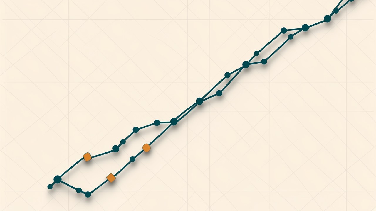 An abstract, calm illustration of a winding path made of connected dots and lines moving upward, symbolizing financial progress, on a warm off-white background with subtle teal