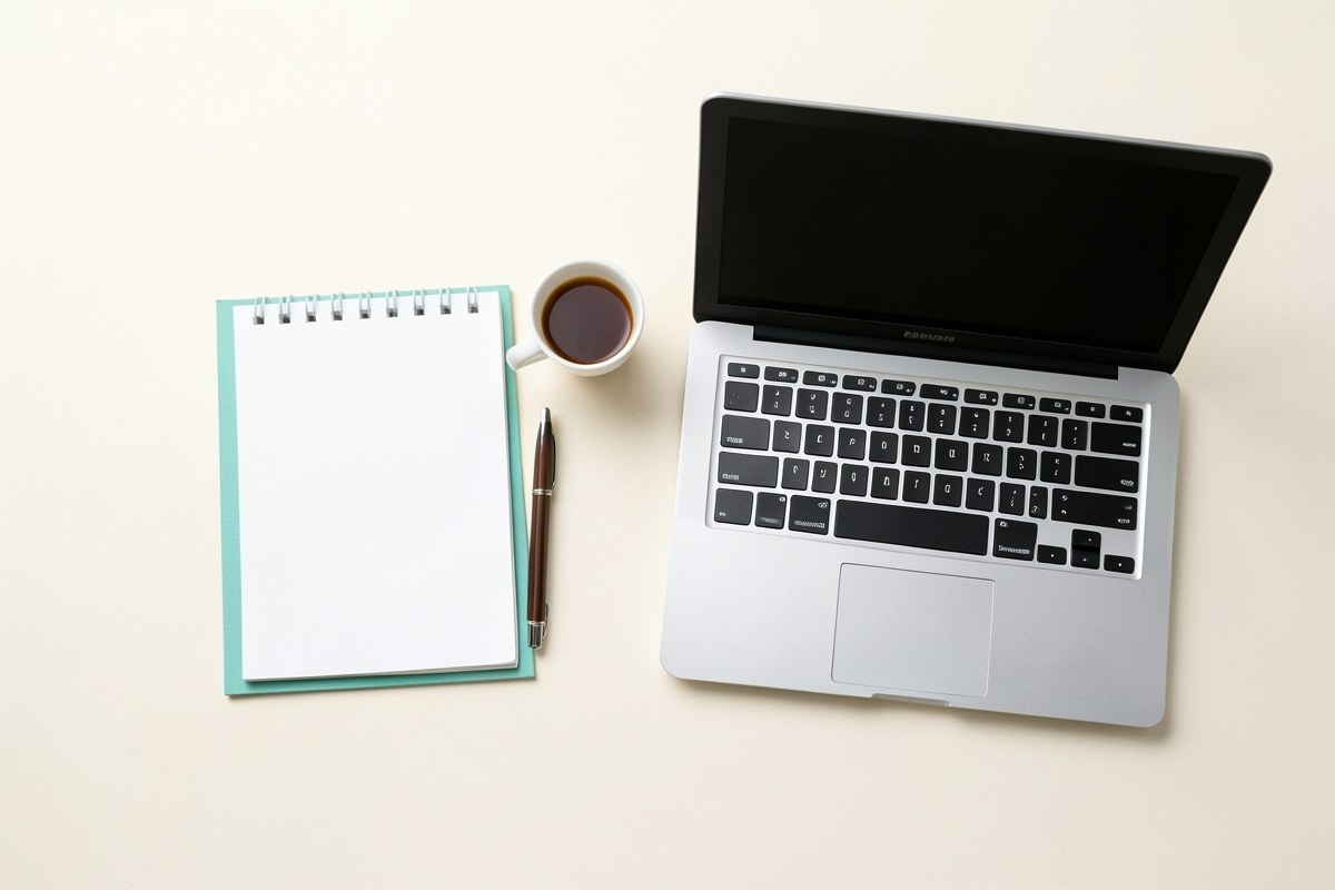 A flat-lay style photograph of a neatly organized desk with a pen, a blank notepad, a laptop, and a cup of coffee, symbolizing the process of preparing a loan application.