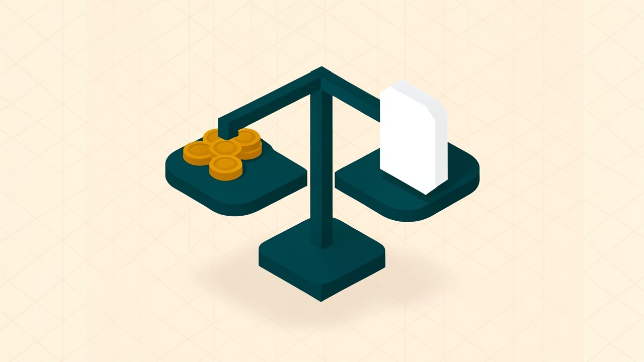 An abstract illustration of a balanced scale with coins on one side and a document on the other, symbolizing the comparison of loan offers, in a clean editorial style.
