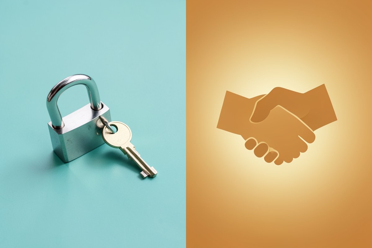 A split-image photograph: on the left, a padlock and a key symbolizing secured loans; on the right, a simple handshake symbolizing trust, representing unsecured loans.