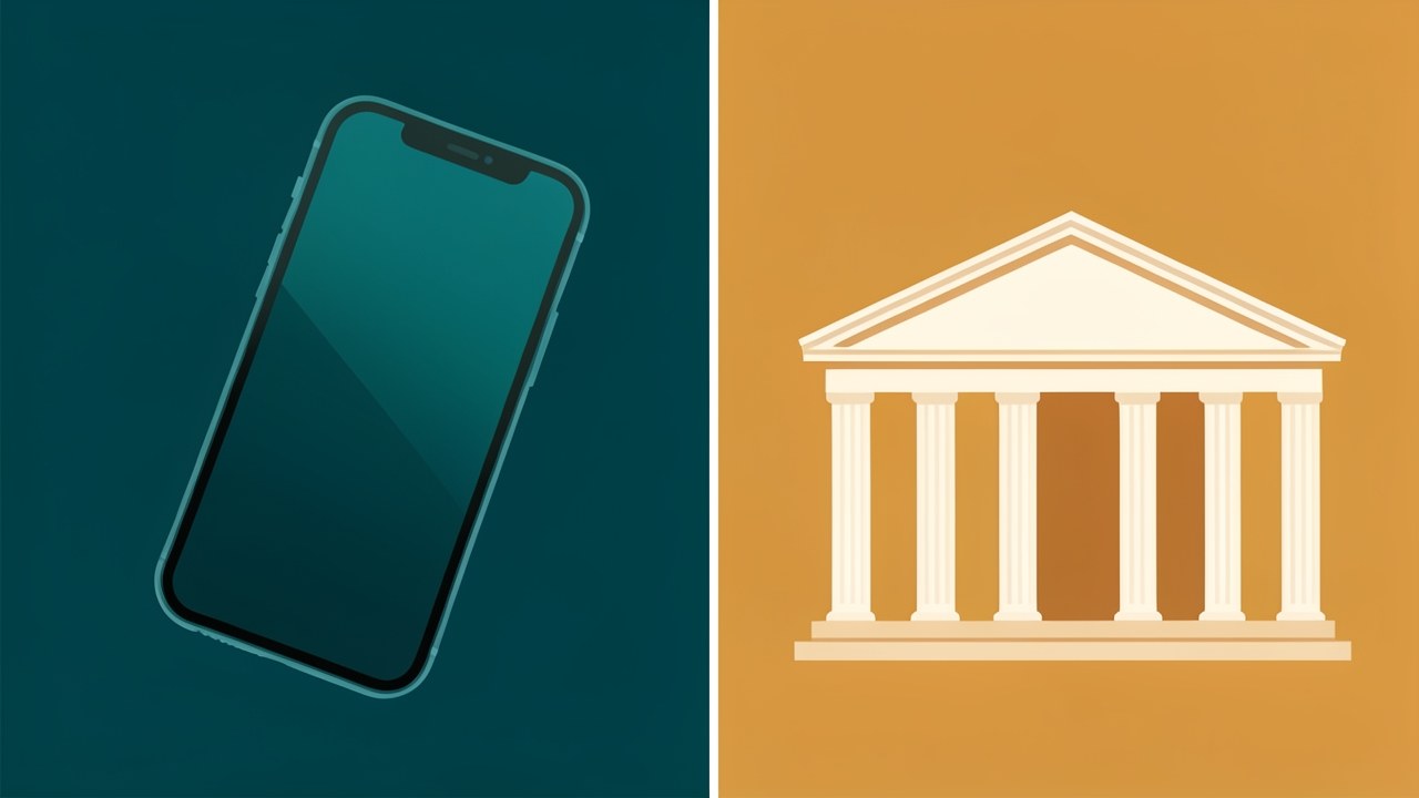 An illustration showing a smartphone on the left and a traditional bank building on the right, with a vertical dividing line, symbolizing the comparison between online and