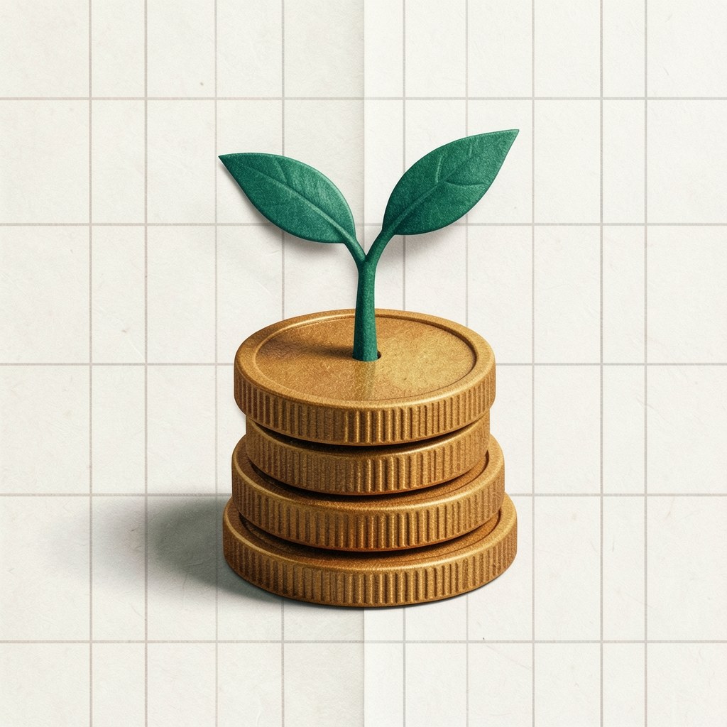 An illustration of a small plant growing from a stack of coins, symbolizing gradual improvement and financial growth, in a warm style.