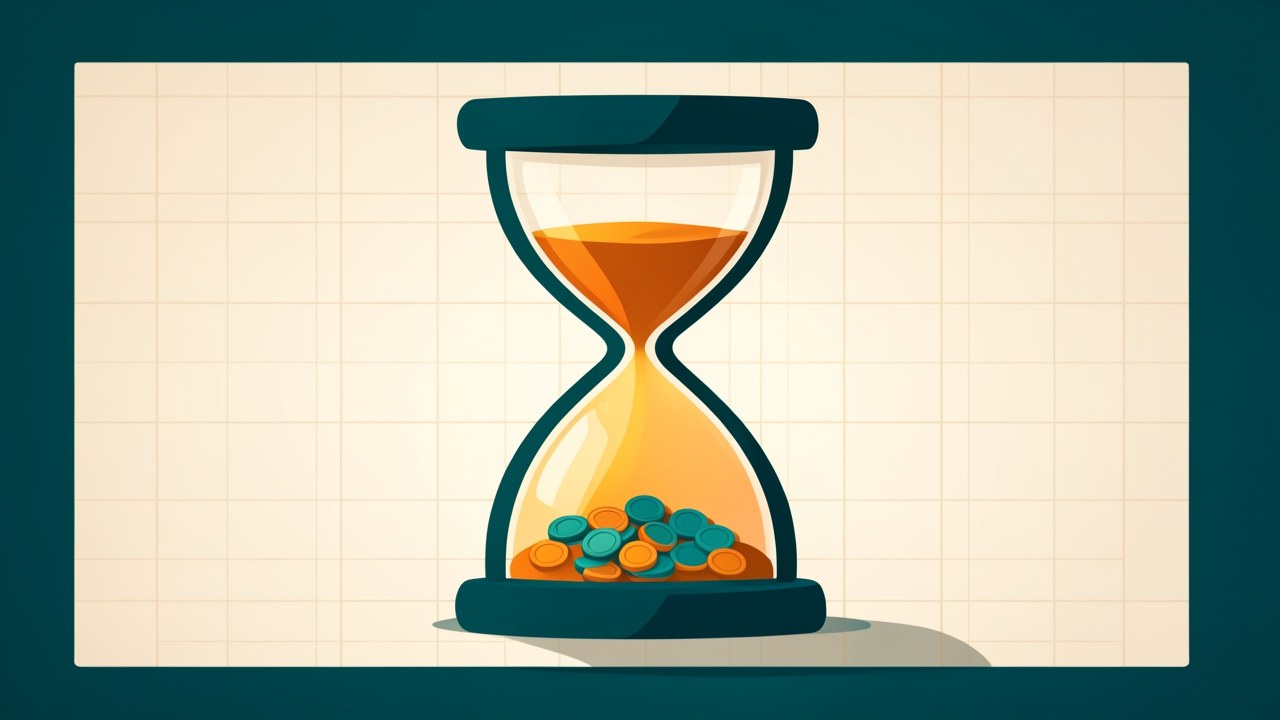 A stylized illustration of an hourglass with sand flowing, symbolizing urgency, with coins at the bottom, in a clean editorial style.
