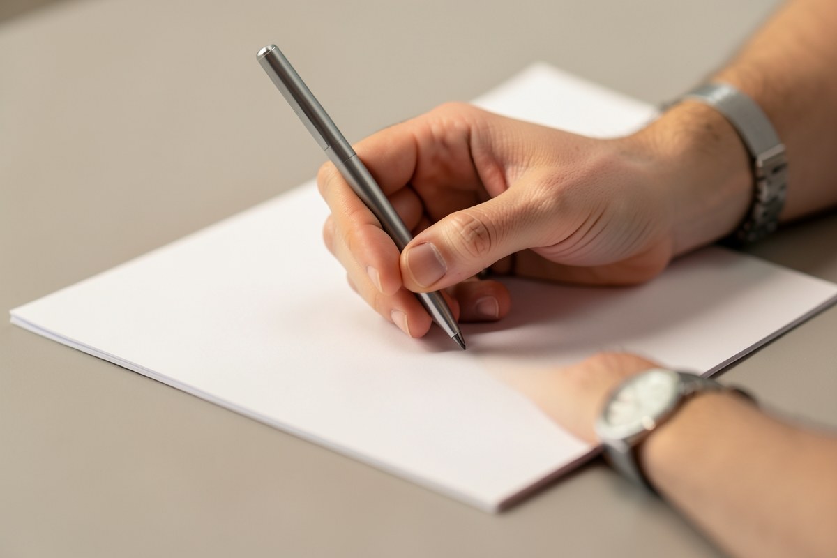 A photograph of a person writing on a document with a pen, with a soft-focus background, symbolizing the application process, in warm tones.
