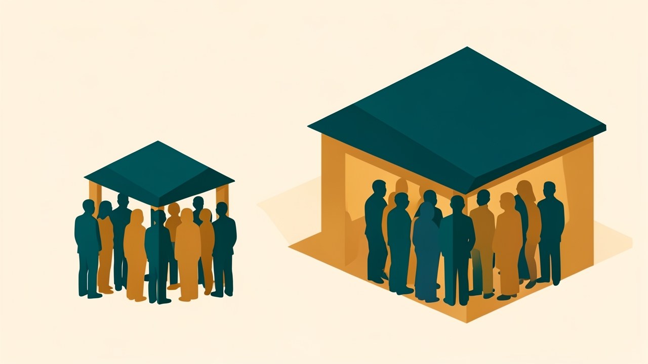 An illustration of a group of diverse, abstract people standing together under a protective canopy, symbolizing community and cooperative lending, in a warm style.