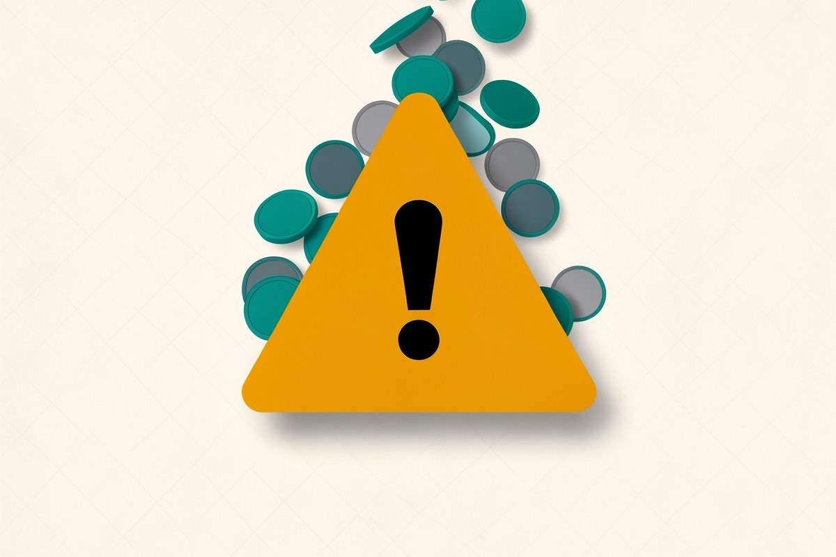 An illustration of a warning triangle with an exclamation mark, surrounded by small falling coins, symbolizing financial danger, in a striking editorial style.