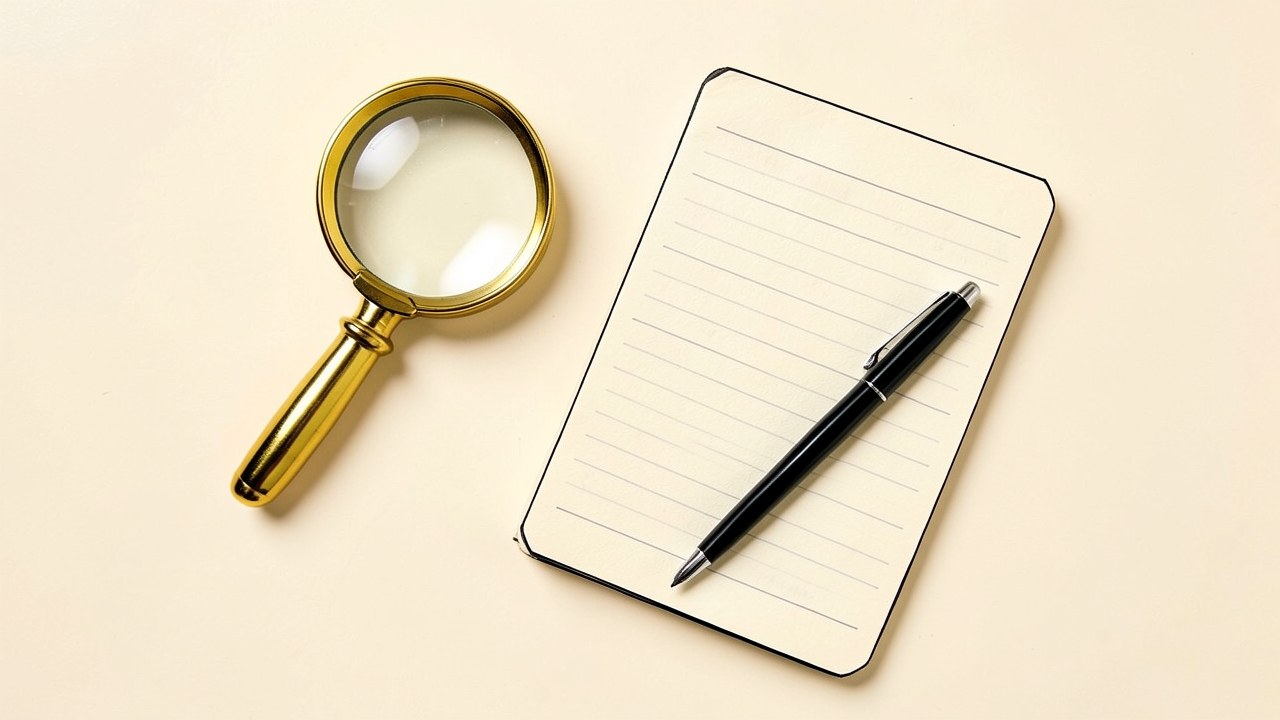 A flat-lay photo of a magnifying glass, a pen, and a notebook on a desk, symbolizing review and fact-checking, in a clean editorial style.