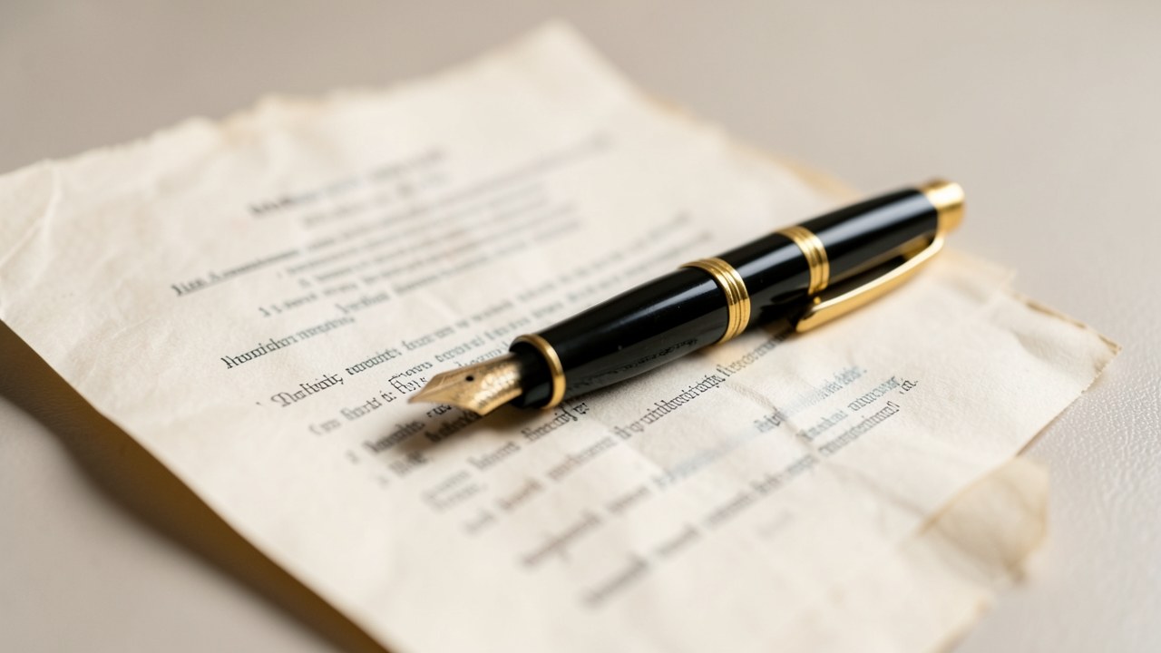 A close-up photo of a legal document with a fountain pen, but the text is blurred, symbolizing terms and conditions, in a warm, neutral tone.