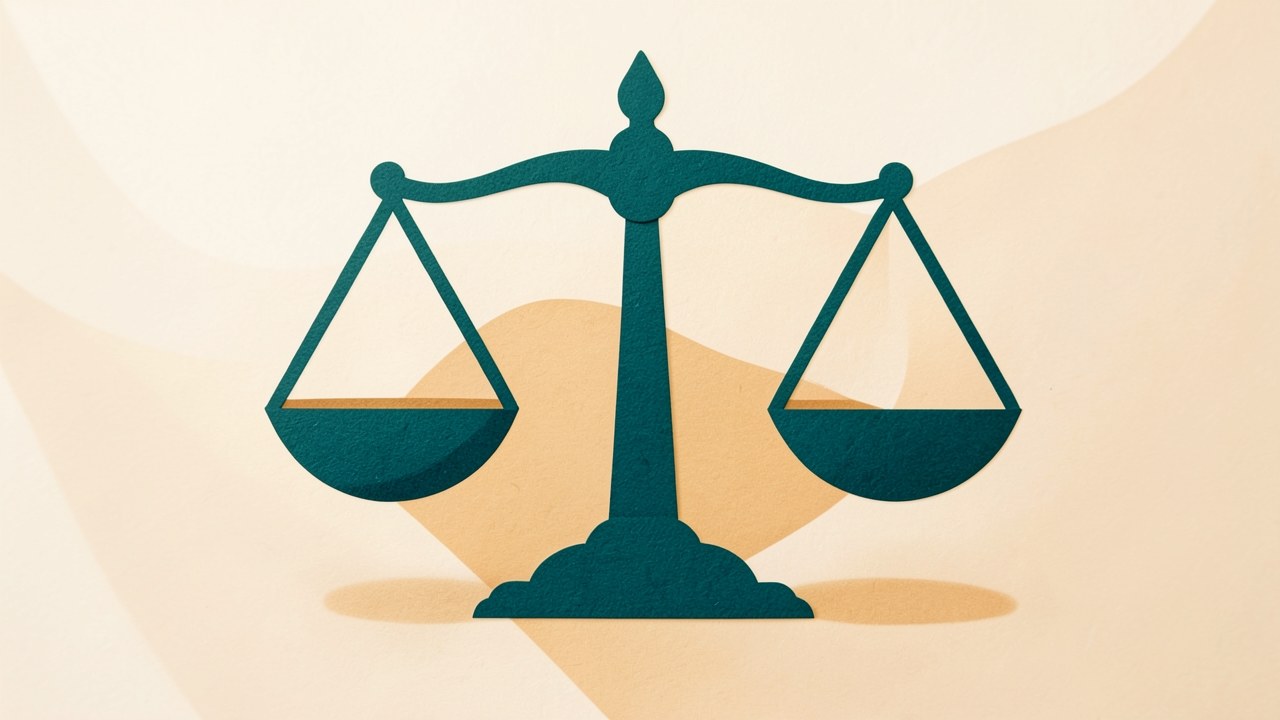 An abstract illustration of a balance scale, symbolizing fairness and information, in a simplified editorial style.
